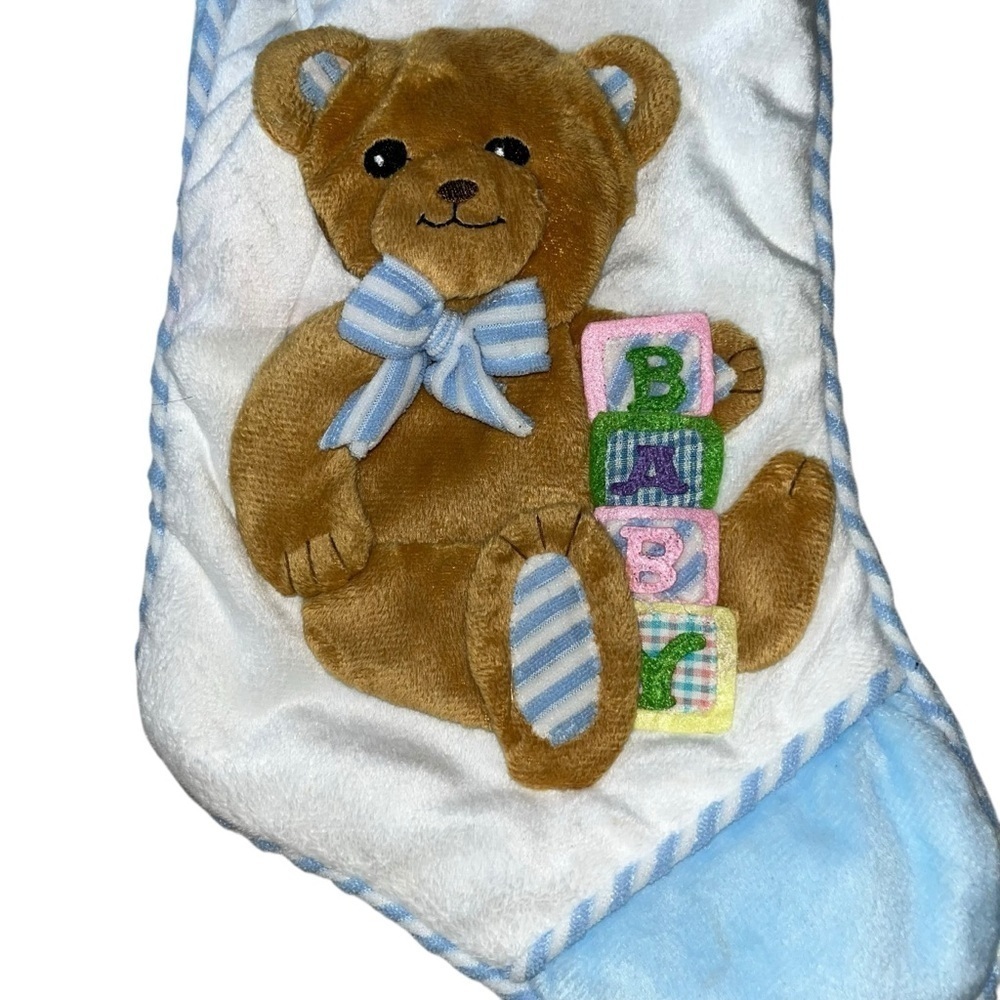 Vintage baby’s first Christmas Blue and Stocking Teddy Bear retro - Picture 2 of 4